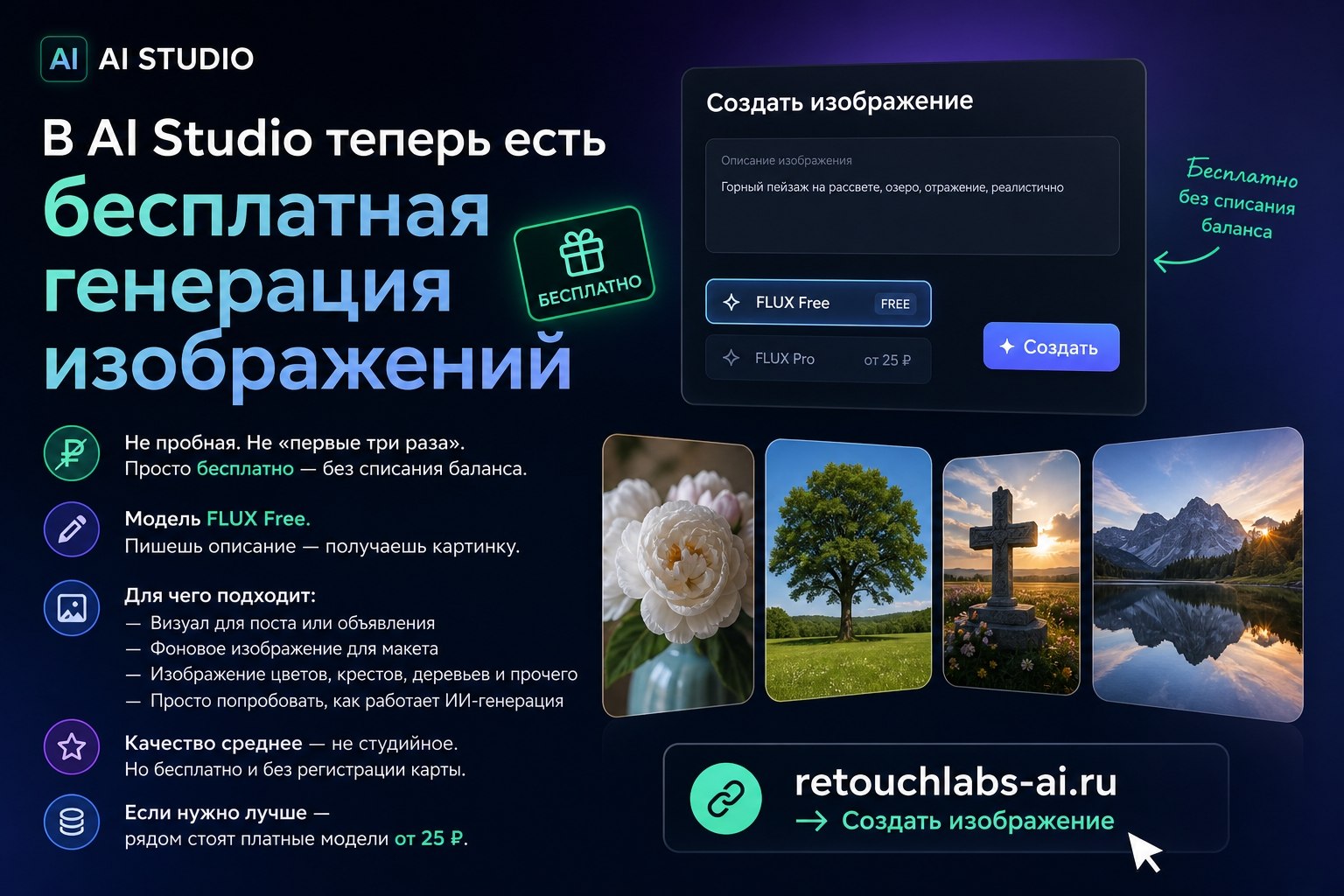 Бесплатная генерация изображений нейросетью — FLUX Free в AI Studio