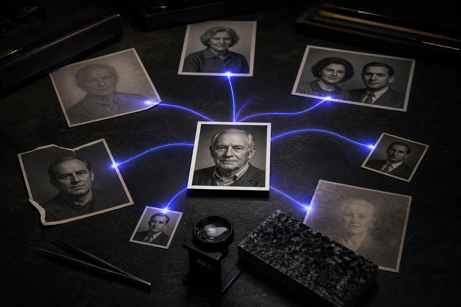 Несколько старых портретных фотографий с разными проблемами соединены нитями света с одним чётким портретом в центре, рядом лупа и образец гранита